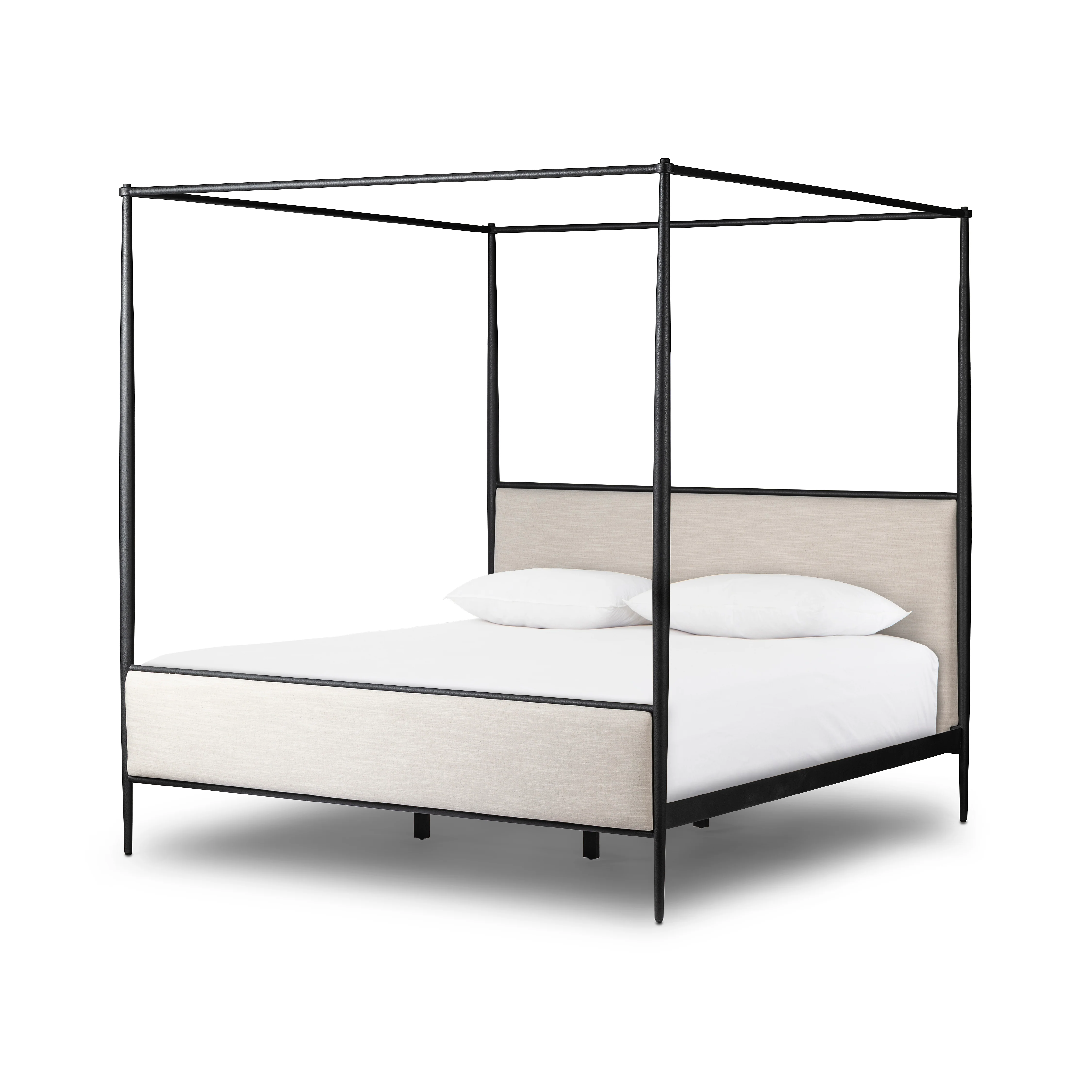 Emery Black Iron Canopy Bed with Upholstered Headboard and Footboard