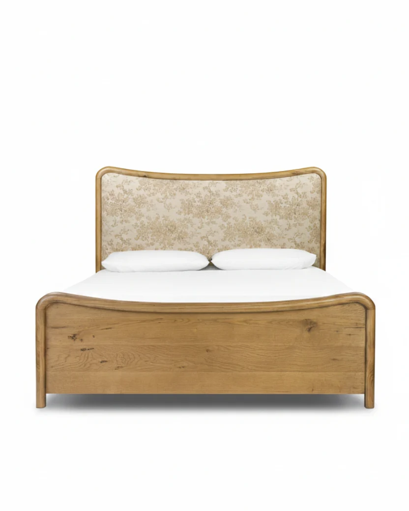 Kennie Upholstered Bed Frame with Carved Solid Oak and Linen Headboard