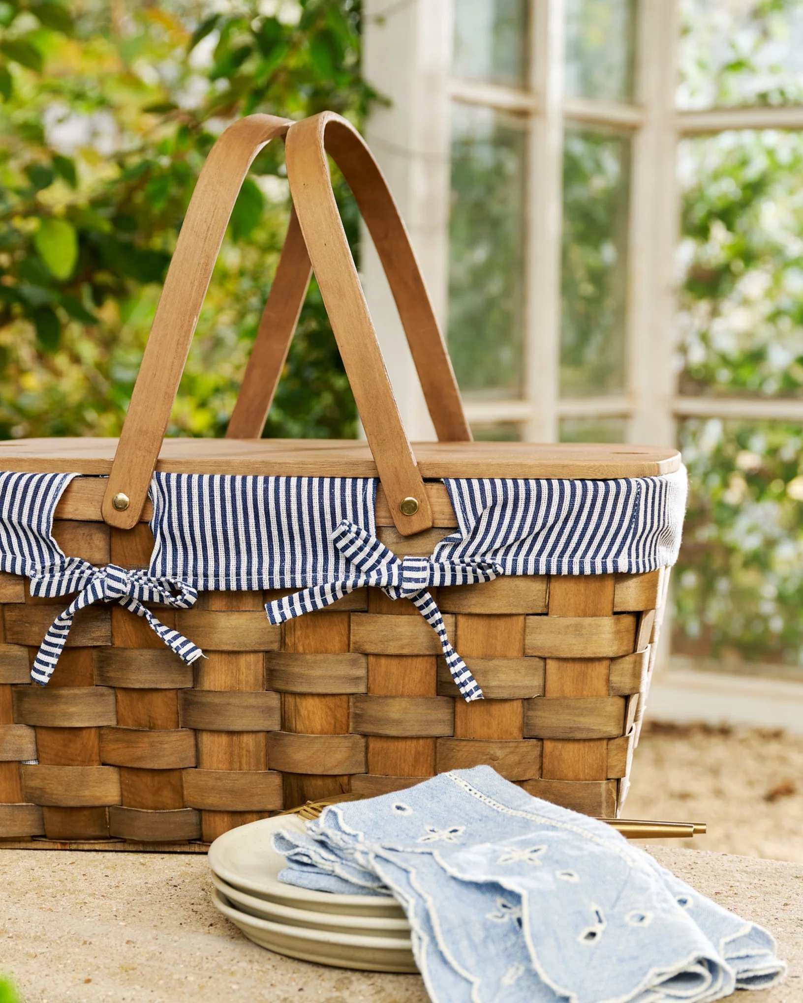 Handwoven Picnic Basket with Striped Liner