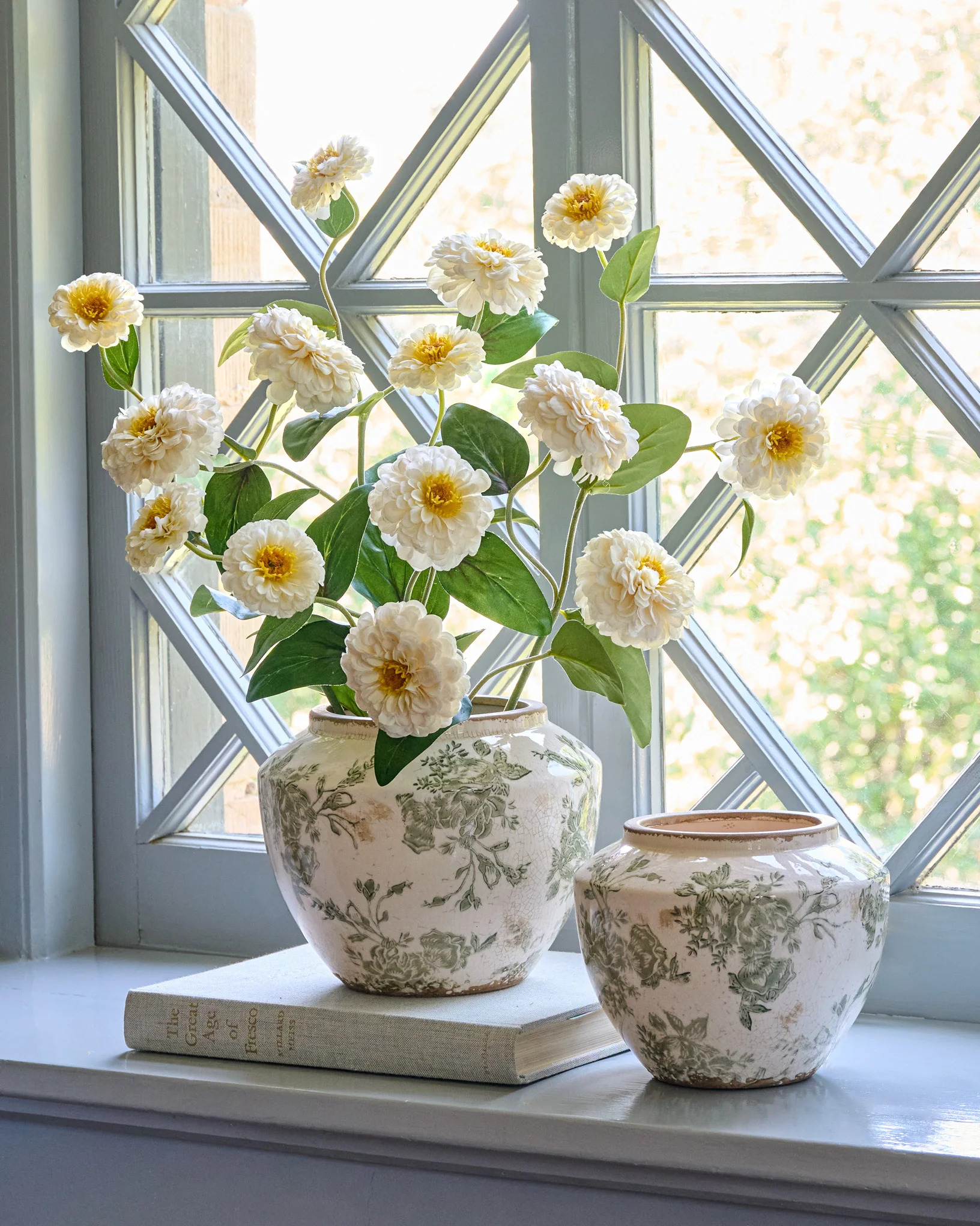 Green and White Distressed Floral Vase