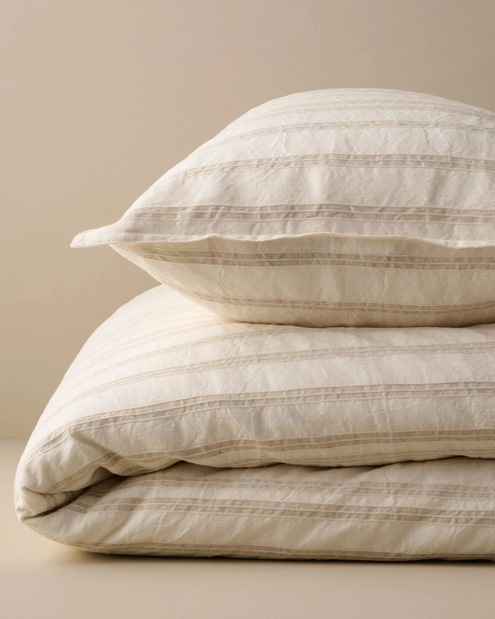 Embroidered Stripe Linen Cotton Duvet Cover - Oatmeal