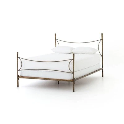 Vivienne Hammered Iron Bed Frame in Antique Brass with Sculptural Curved Headboard