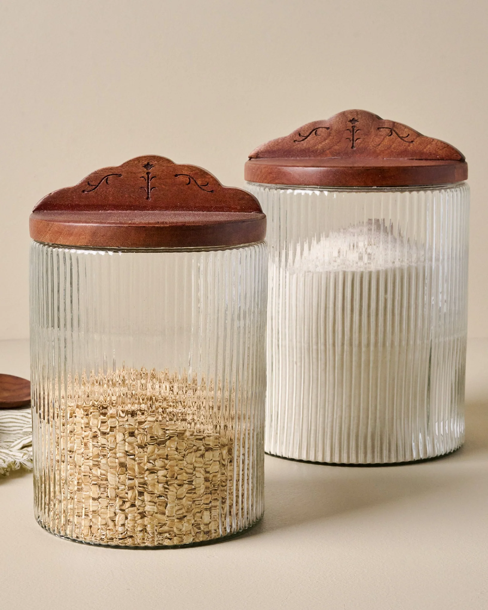 Antiqued Wood Ribbed Glass Canister