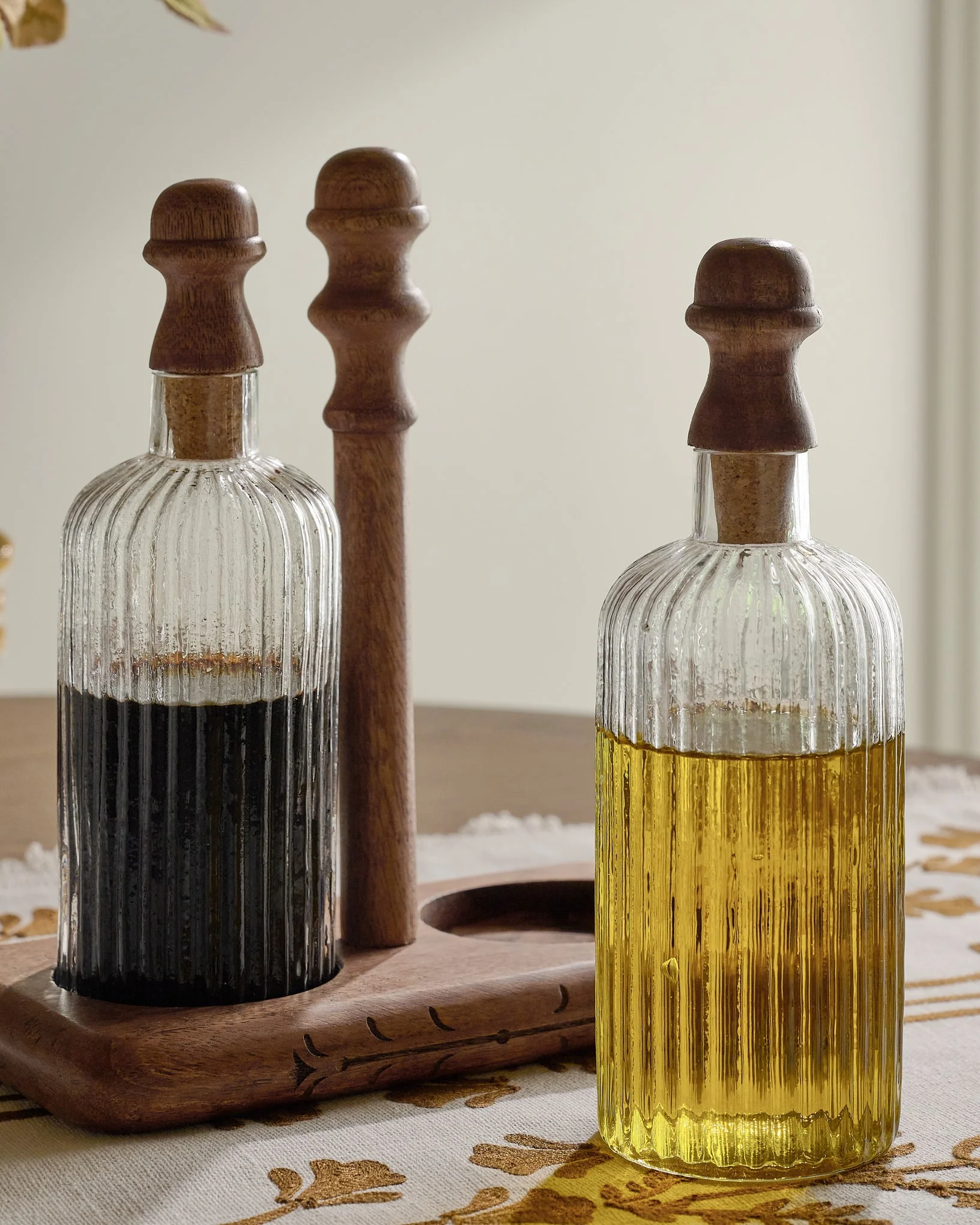 Antiqued Wood Ribbed Glass Oil & Vinegar Set