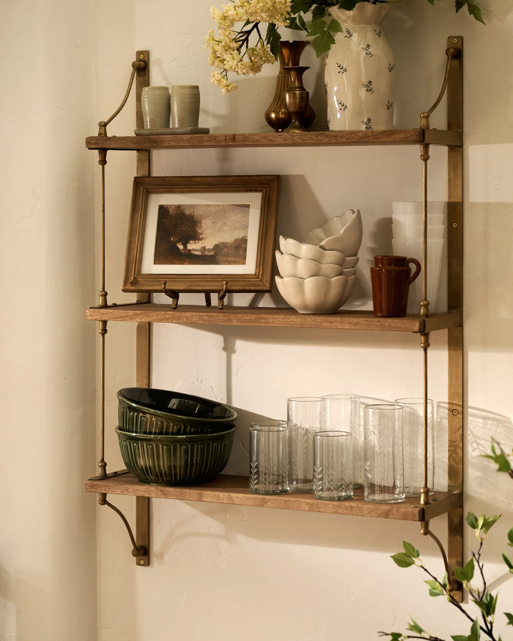 Triple Parker Brass and Wood Shelf