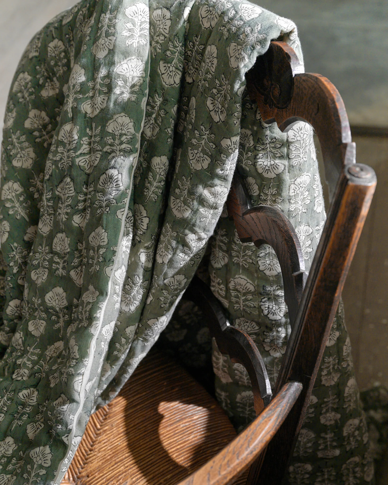 Flora Block Print Quilt - Dusty Green