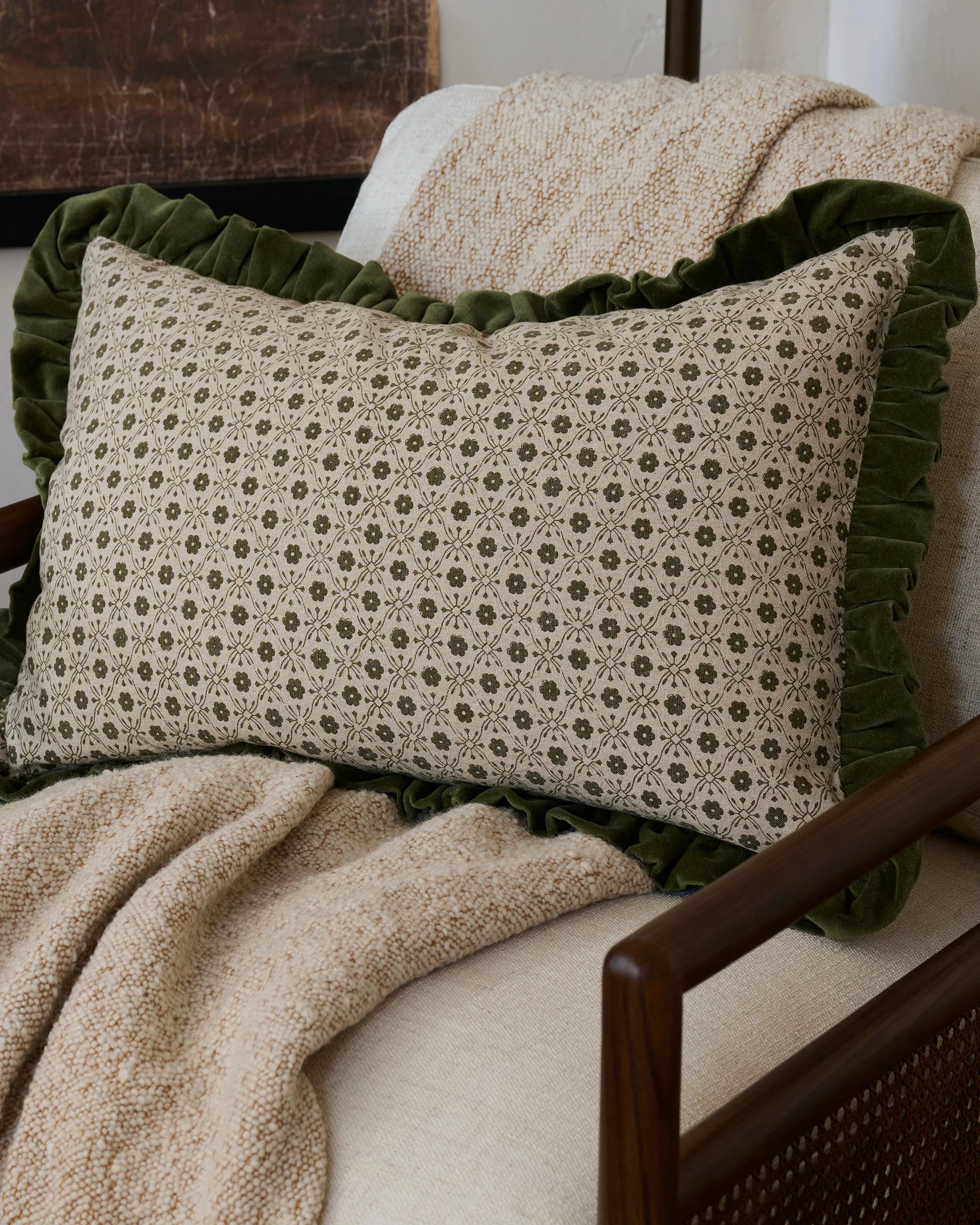 Thea Block Print Pillow with Velvet Ruffle Edge