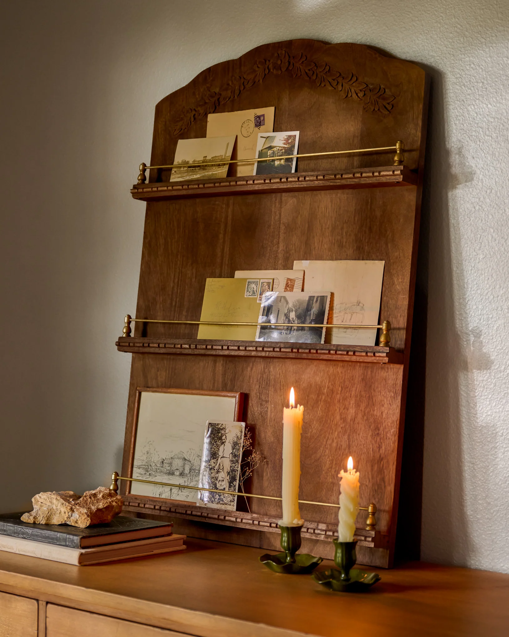 Gloria Carved Wood and Brass Display Shelf