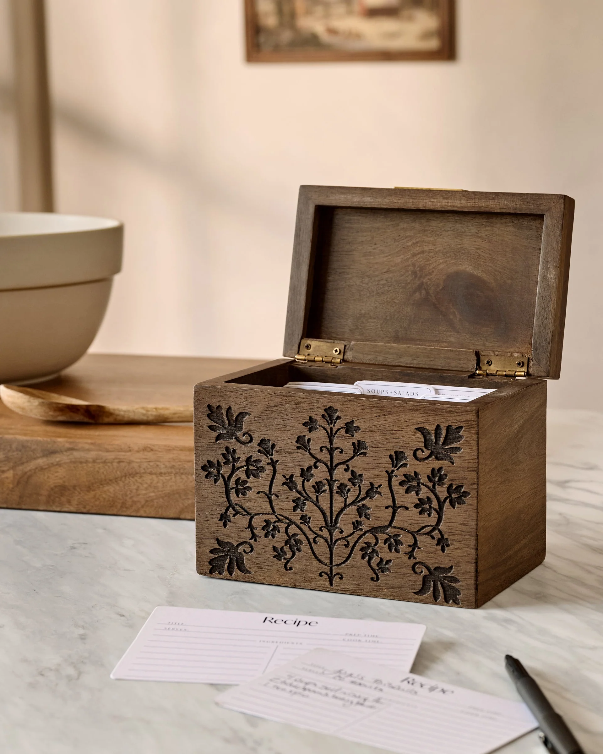 Magnolia Carved Wood Recipe Box