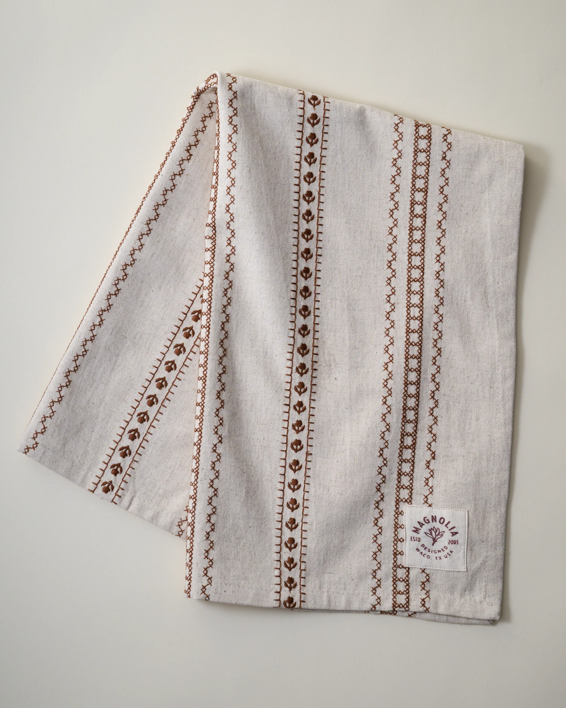Natural Embroidered Stripe Tea Towel