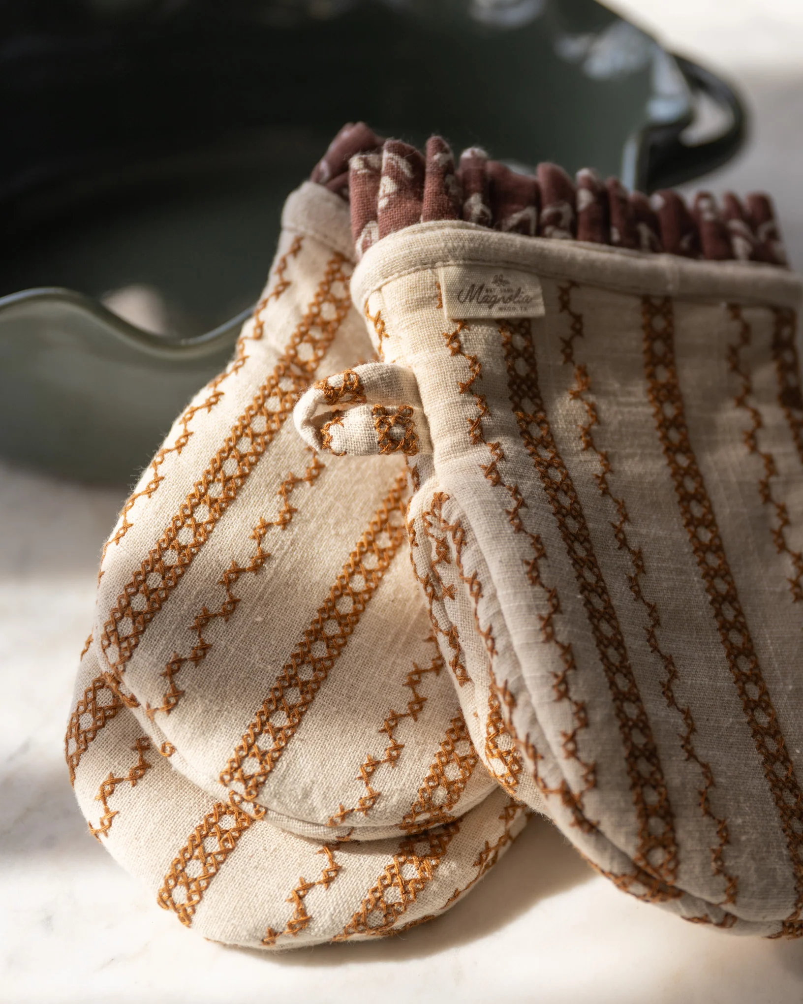 Natural Embroidered Stripe Oven Mitt Set of 2