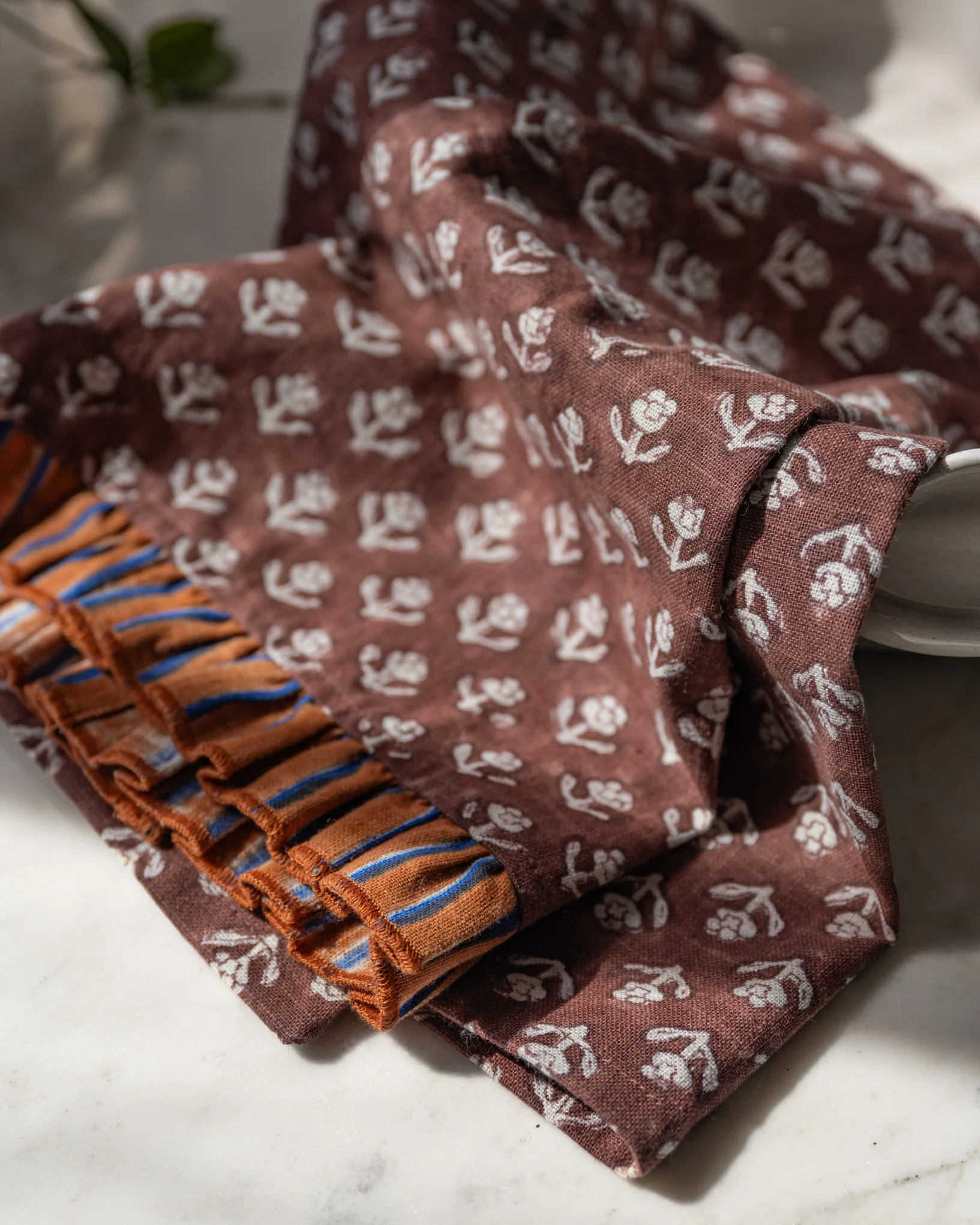 Chocolate Cosmos Block Printed Tea Towel