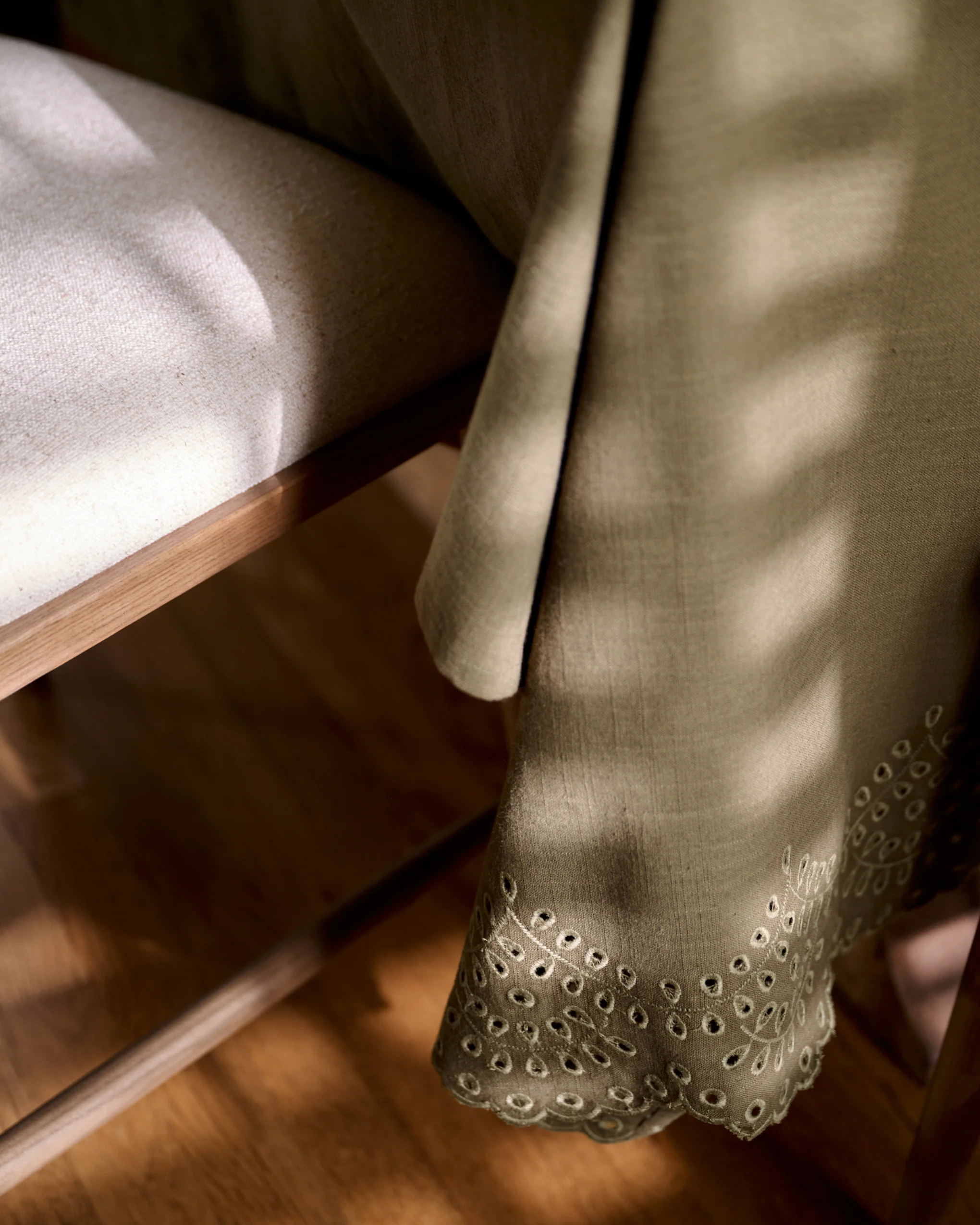 Olive Green Scalloped Eyelet Tablecloth