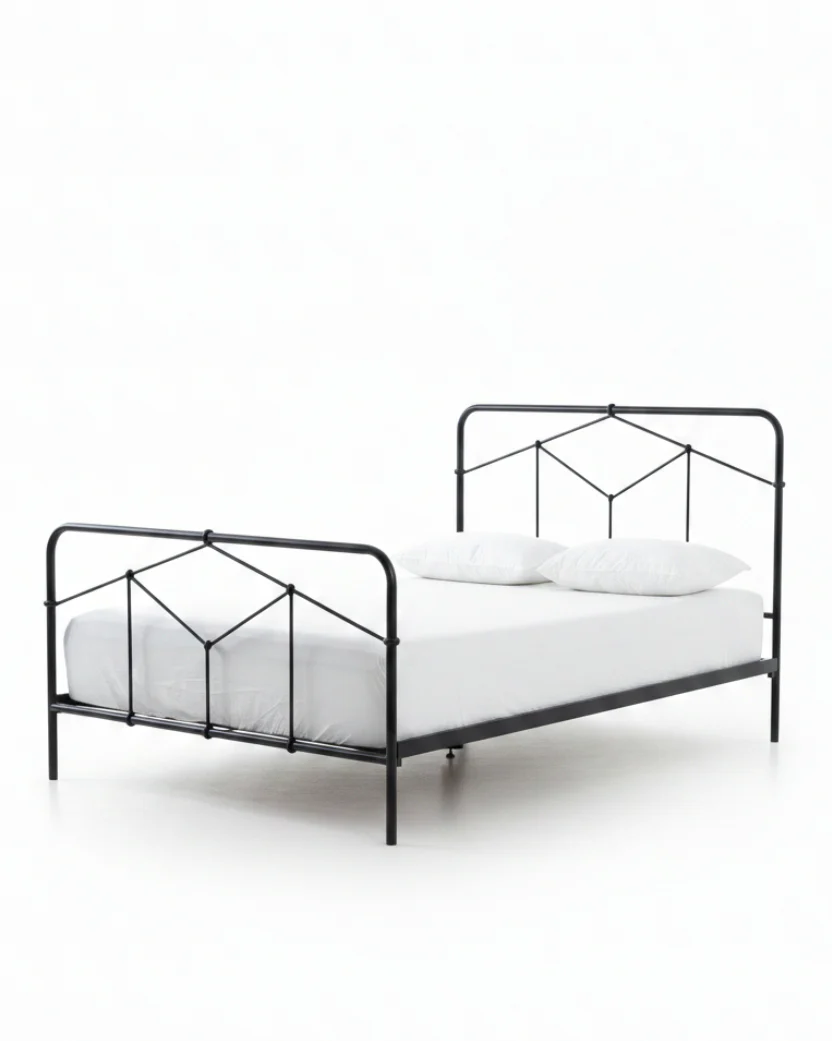 Riley Black Iron Bed Frame with Geometric Headboard, Vintage-Inspired Design